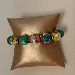 ANGELA MOORE BRACELET HAND PAINTED BEADS SIGNED ONE SIZE OS BLUE PINK YELLOW